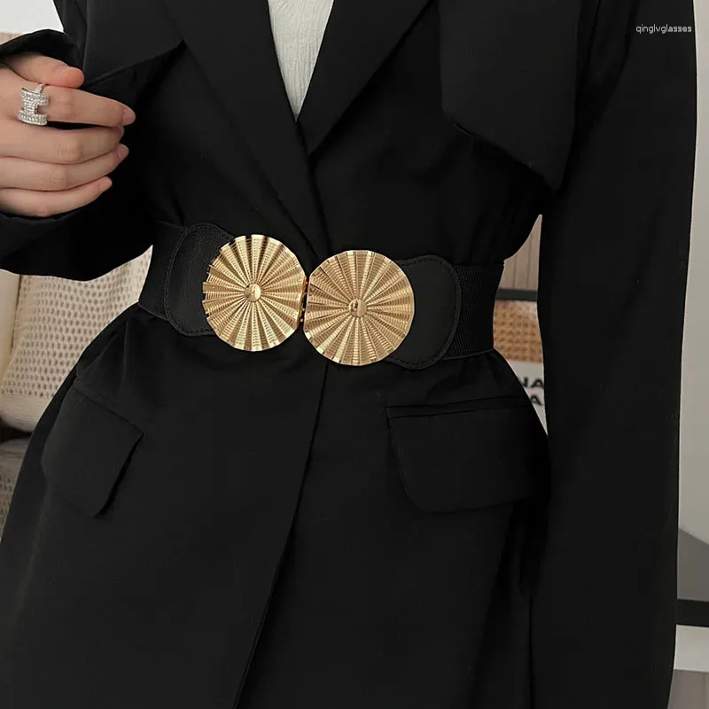 Bälten damer mode elasticen bred midja tätning metall runda spänne fyrkantigt tillbehörsbälte all matchande kostym kappkvinna waiatband