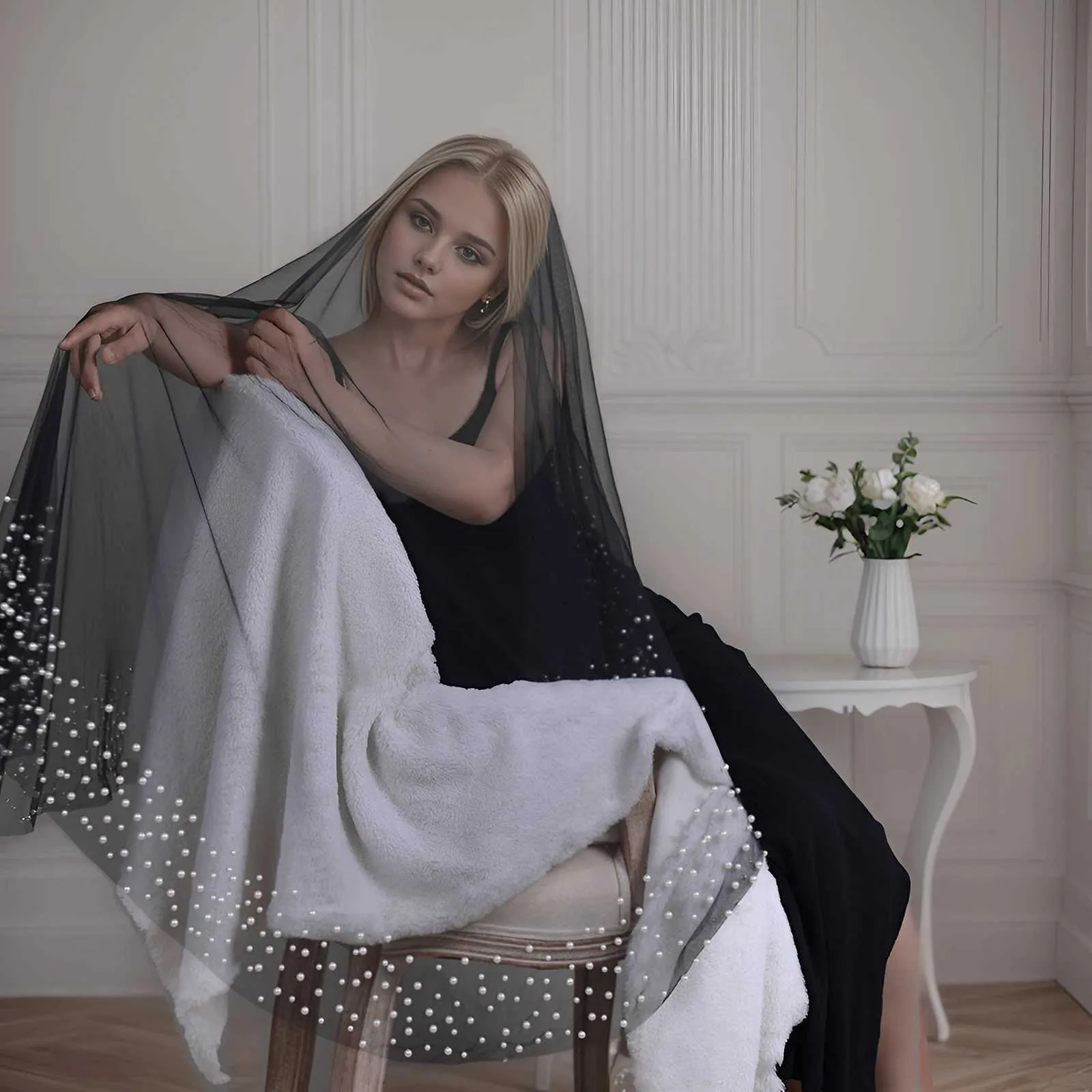 Šperky do vlasov, perly, svadobné závoje, visiaci štýl, korálkový závoj bez hrebeňa, zakrývajúci tvár, čierne svadobné šaty, doplnky V228_voghion.com