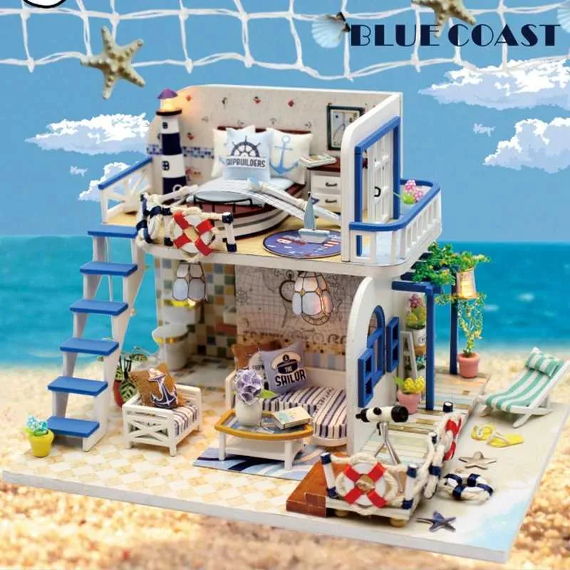 Architecture/DIY House Miniature Doll House Model Wooden Furniture Building Blocks Toys Birthday Gifts BLUE COAST Diy Puzzle Toy M032