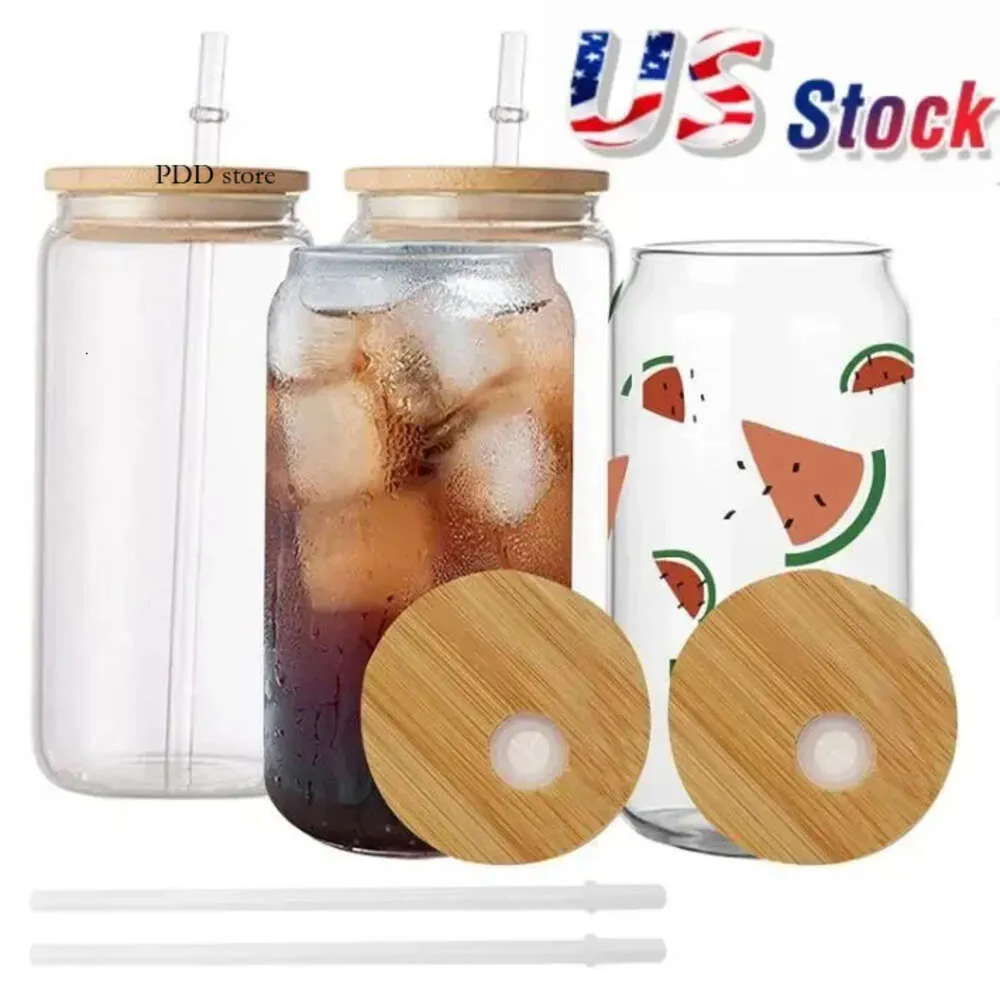 USA / CA Entrepôt 16oz Tasses Double mur sublimation Verre de verre en forme de tasse en forme de bière avec du couvercle en bambou 0514