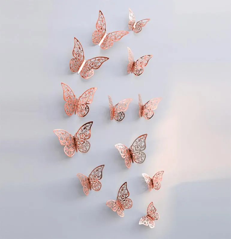 12pcSet Setter en or rose 3D Hollow Butterfly Wall Sticker for Home Decor Butterflies Autocollants Décoration de chambre pour la fête Décor de mariage8435099