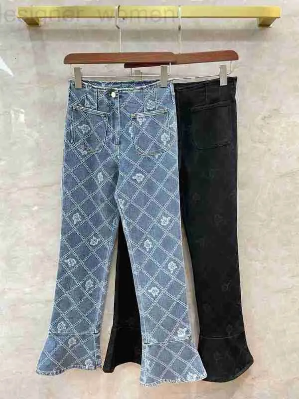 Dżinsowe dżinsy projektantki przemysłu ciężkiego lasera drukowane jeansy Lingge Mountain Camellia dla kobiet sensory mały pachnący róg 98JX