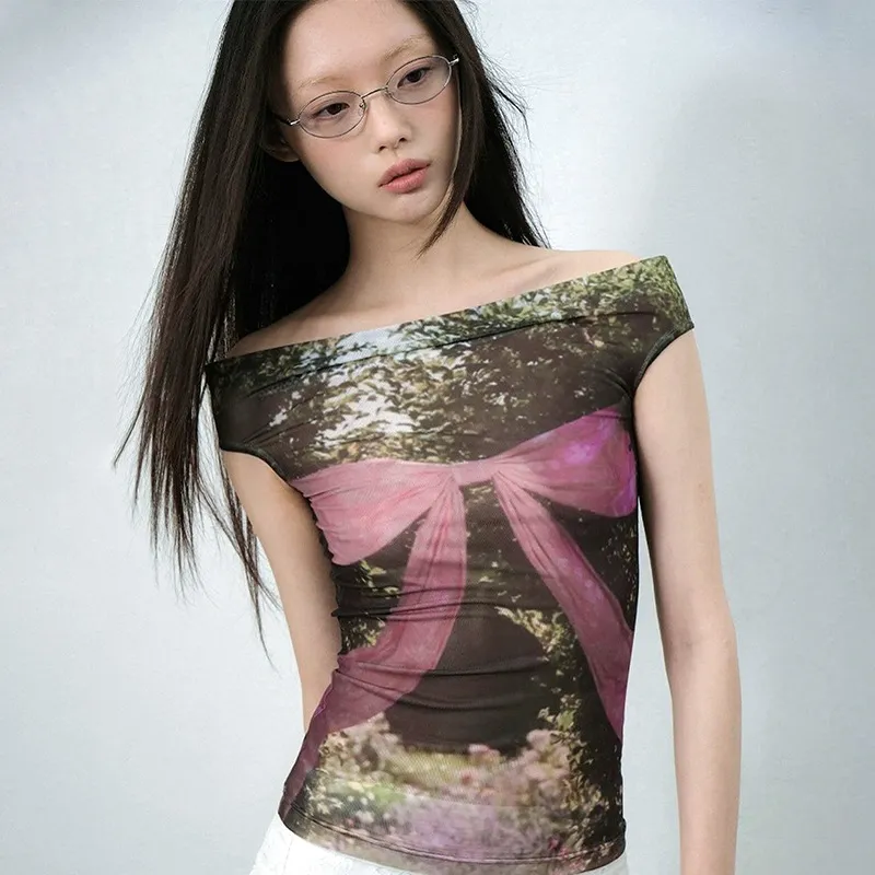 Женская футболка нового стиля высокая улица пряная девушка лук с сетей с заклинанием воротнич