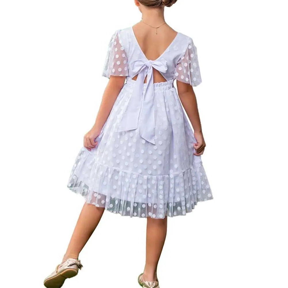 Mädchenkleider 2024 Spring Girls Mesh Casual Kleid 3-10 Jahre alte Mädchen modisch und süße Kleid dünne Gaze Big Bow Girl Kleid Y240514