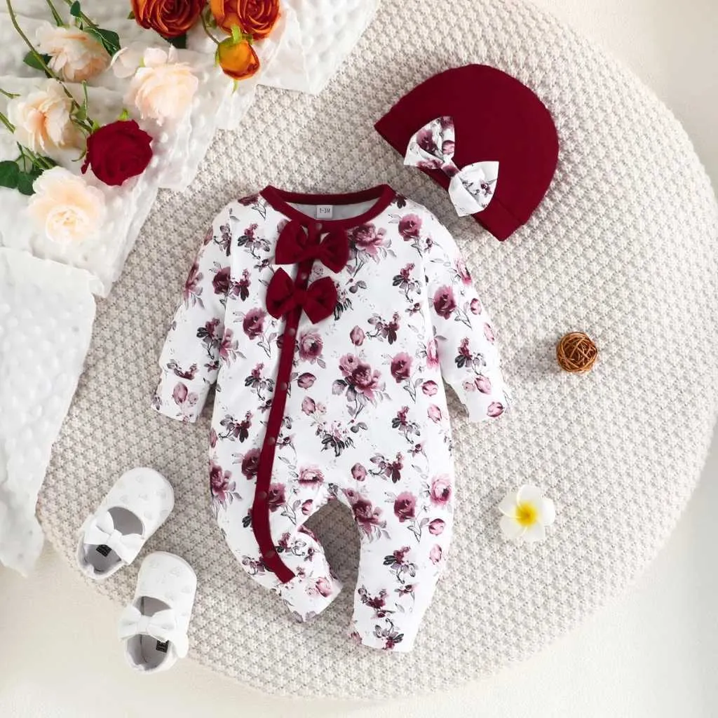 Rompers presenthatt Set Baby Girl Newborn Onesies Romper 1-18 Months Floral Cute Bow Toddler Clothing Long Sleeve Cute Tiny Button Jumpsuitl2405