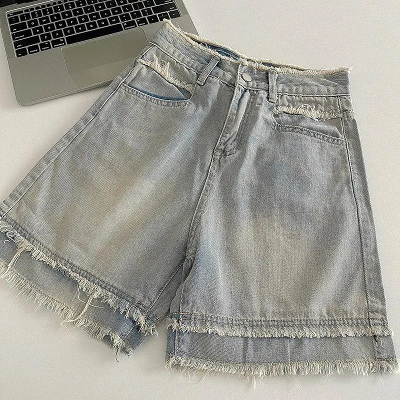 Short féminin Denim bleu clair pour femmes hautes patchs effilochés longs jeans entièrement appariés designer larges de jambe d'été
