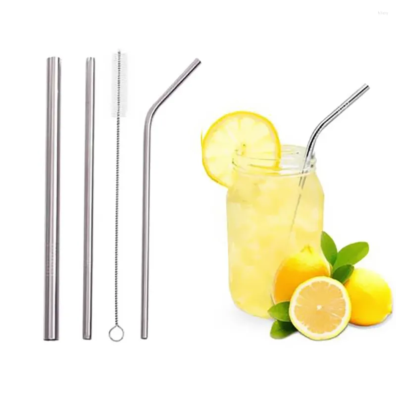 Disposable Cups Straws 3pcs Metal Stainless Steel Straw Set Straight Tubes Bent Drinking Reusable With Bag Cleaning Brush Party Bar