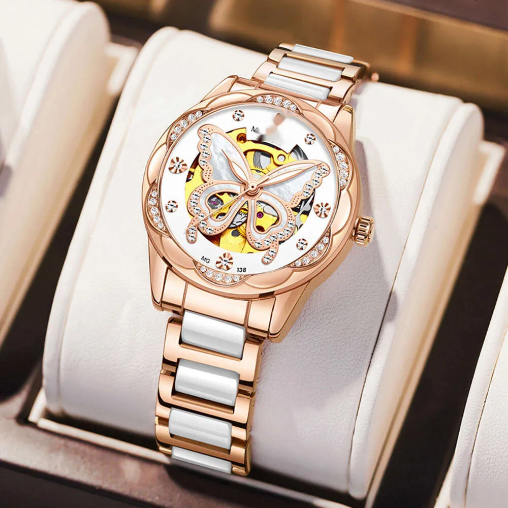 Ouqina, a popular online watch for girls, fully automatic mechanical watch, ceramic butterfly, luminous fashion