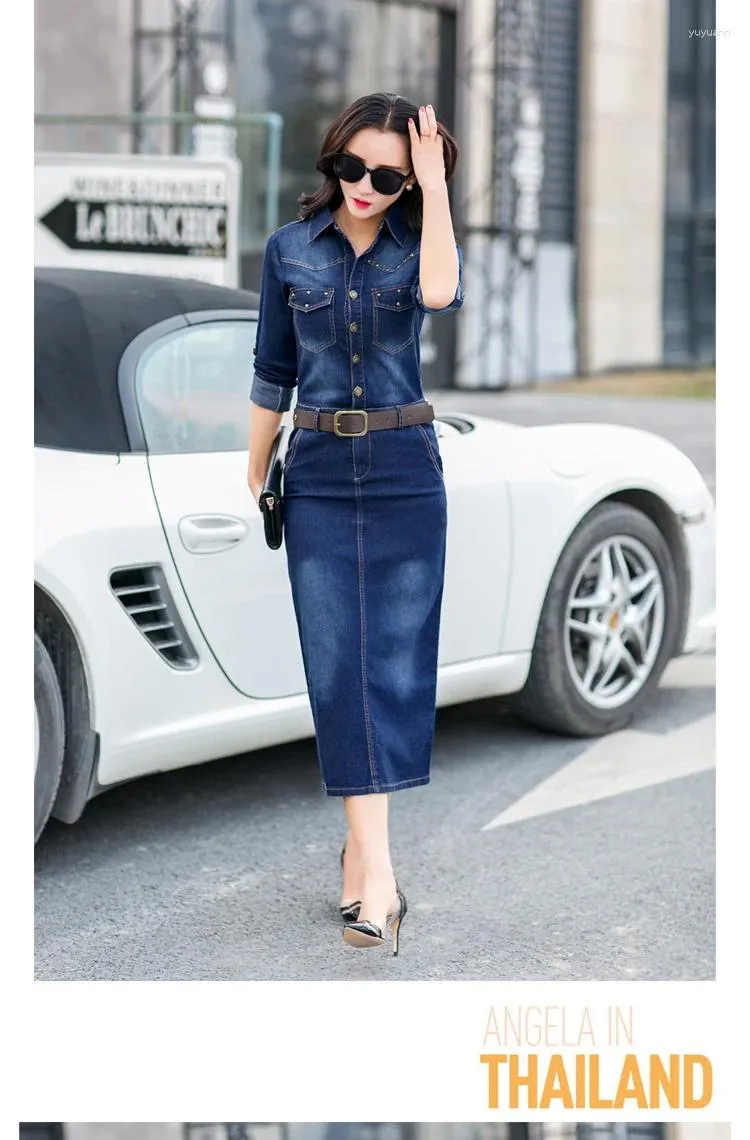 Casual Dresses 2024 Autumn Winter Vintage Rivet Denim Dress Women Elegant Mid-Calf Long Sleeve Streetwear Office