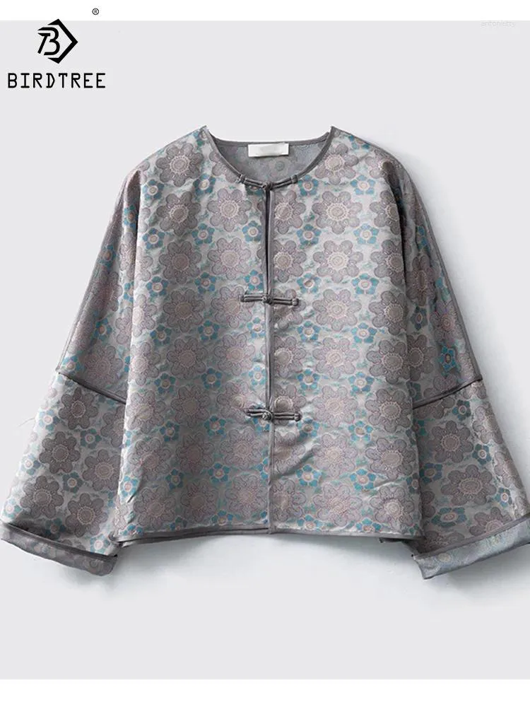 Vêtements ethniques Birdtree Real Silk Chinois Style Mabin Brocade Round Coule Long Mane Jacquard Disc