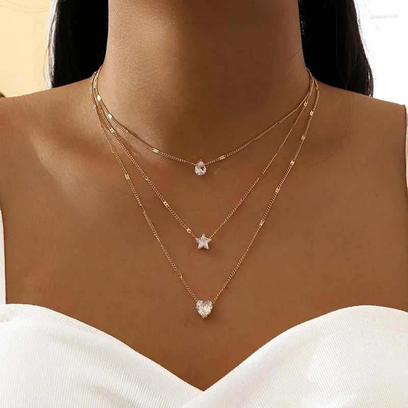 Colliers pendants 1 Set Fashion Crystal Heart Star Charm Collier en couches pour femmes Cadeaux de bijoux
