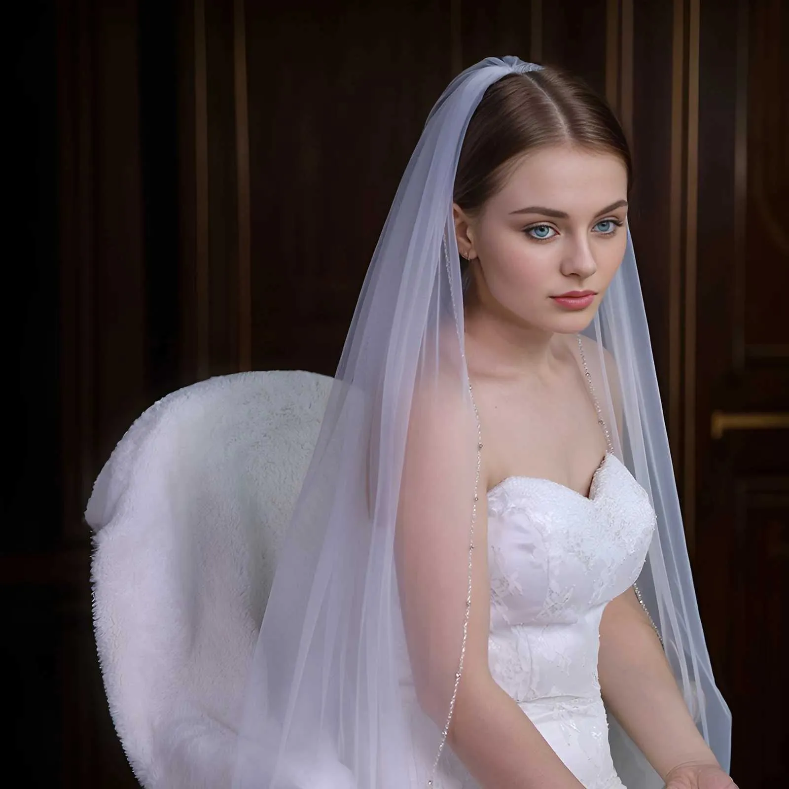 Haarschmuck Brautschleier Kristallperlen 1-stufig Hochzeitsschleier Strass Perlenbesatz Weicher Tüll mit Kamm Kathedrale_voghion.com