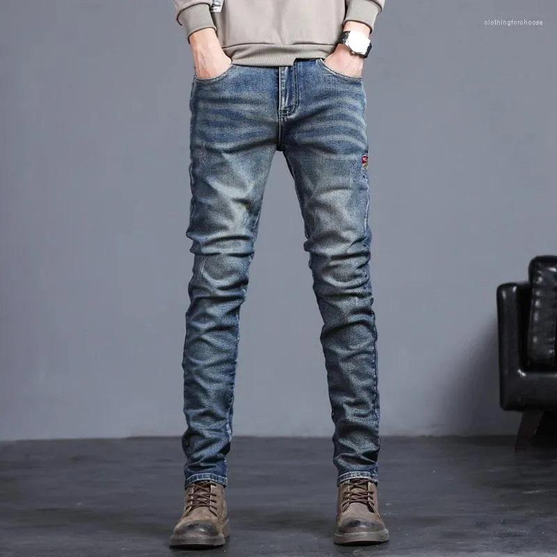 Jeans masculinos 2024 outono inverno vintage azul de cor sólida elástica clássica clássica slim moda jeans calça masculina 27-38