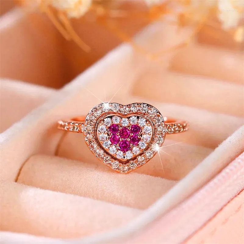 Обручальные кольца роскошные женщины красное белое циркон каменное кольцо розовое золото.