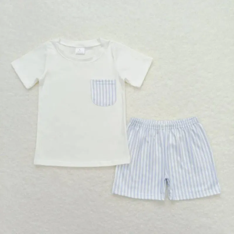 Clothing Sets Short Sleeve Toddler Boy Outfit RTS Kids Baby Boys Clothes Boutique Wholesale In Stock Blue Stripes Kid