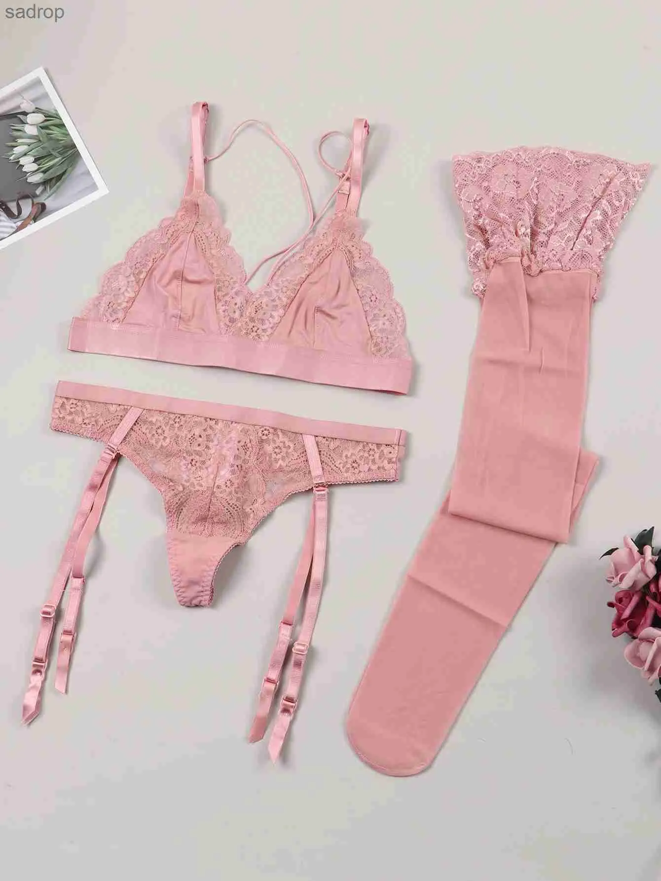 Bras stelt Varsbaby Lace Bra Set geschikt voor vrouwen geen padding bh+slipjes kousenbanden+kousen 3 stuks zomer ondergoed xw