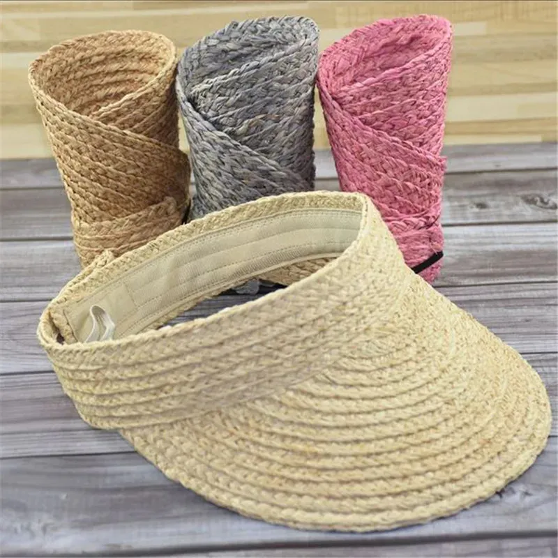 Dames zomer raffia opvouwbare stro sun vizier wijd rand packable vrouwen brach cap dames uv roll -up Korean Sun Visor 240514