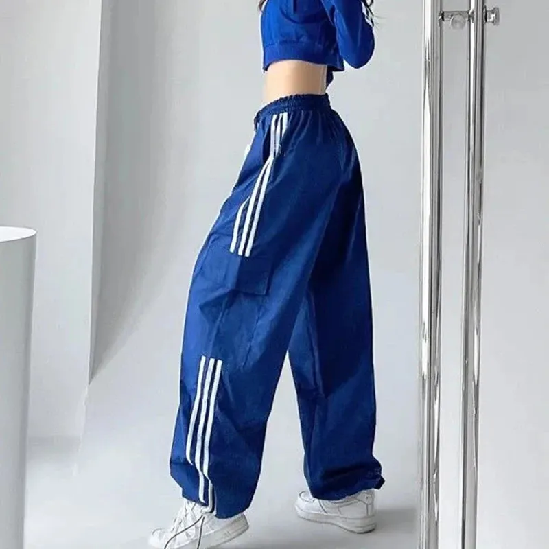 Mexzt gestreifte Joggingpants Frauen Hip Hop Streetwear Baggy Wide Leg Frachthose Bf Y2K High Taille Draw String Joggers Hosen 240430