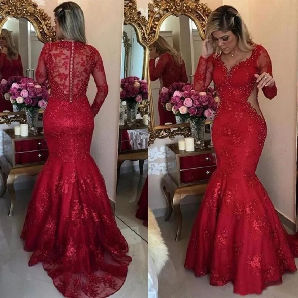 Meerjungfrau gegen Hals -Trompete Spitzenkleider applize rotes Abendkleid formelle Kleider Langarm Prom Party Kleid Perlen 3228