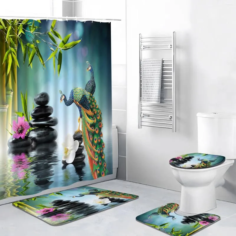 Shower Curtains Zen Garden Set Peacock Bird Flower Green Bamboo Scenery Spa Massage Stone Bathroom Bathtub Mat Toilet Cover Rug