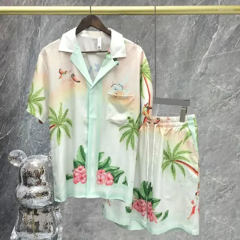 Herren -Trailsuiten 2024 Sommer Casual Blumenmuster Print Kurzer Männer Hip Hop Beach Holiday Sleeve Suitloose Shirt
