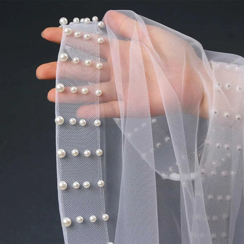 Hårsmykker Perlekant Lange Katedral Brudeslør 1 Lag med Kam Organza Perlebesatte Brudekjoler Tilbehør VP92_voghion.com
