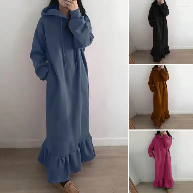 Casual Dresses Maxi Sweatshirt Dress Fleeced Dressing Super Soft Ruffles Long Hoodie