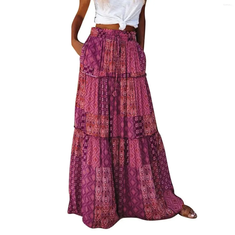 Skirts Boho Beach Skirt Vintage Printed Swing Long 2024 Summer Elastic High Waist A-Line Vacation Flowy Maxi Faldas