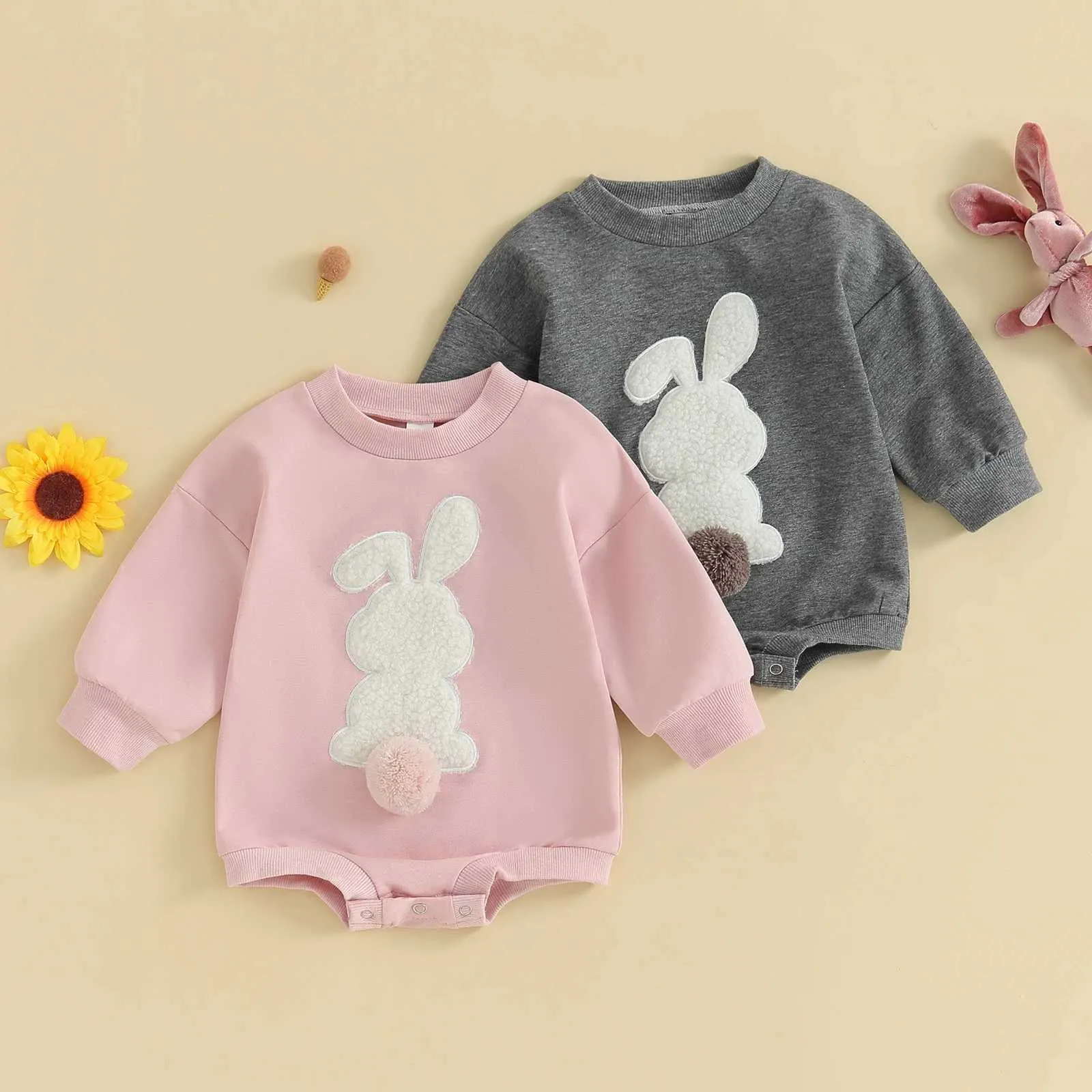 Rompers Baby Easter Set Sweater z długim rękawem kombinezon z futrzanym królikiem haftem okrągłą szyję śliczne dziecko ciasne ubranie 2405