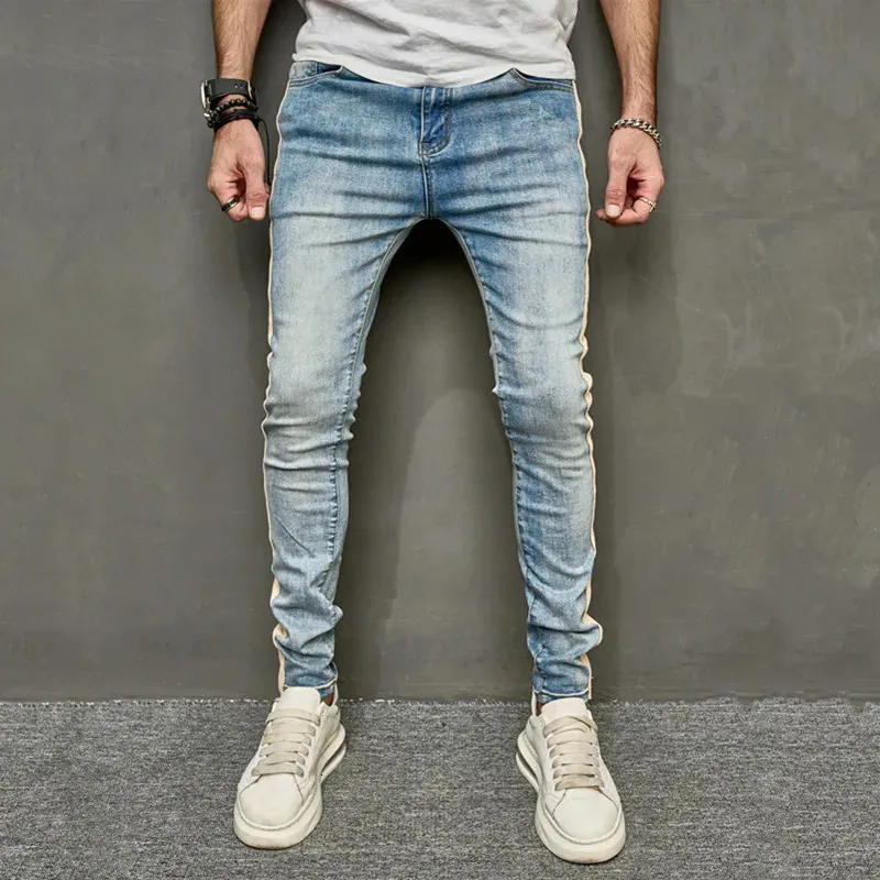Außenhandel Mens Jeans Vintage Side Stripe White Slim Fit lässig kleine Füße 240513