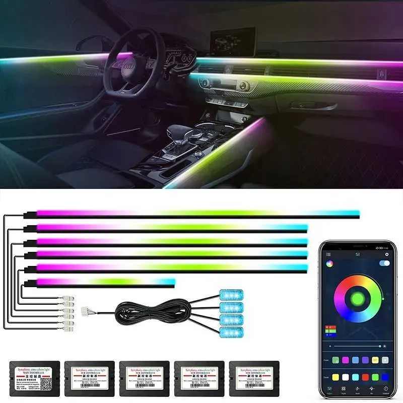 Decorative Lights Car Interior Ambient Lights App Remote Control Universal Colorful Acrylic LED Decorative Neon Strip 64 RGB Footlights 18 In 1 T240509