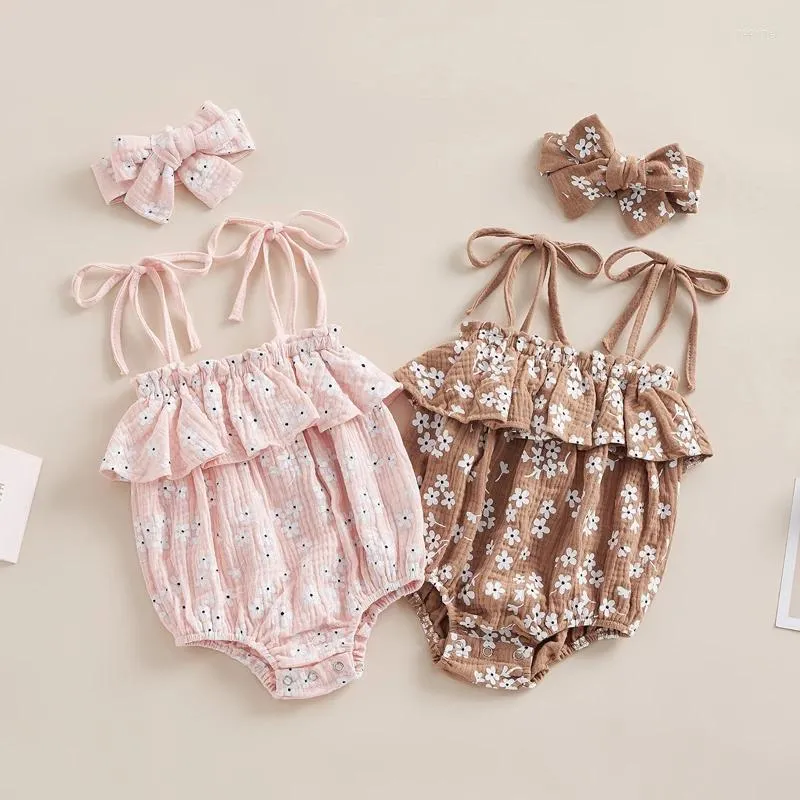 Rompers 2st Infread Baby Girls Summer Sling Bodysuit ärmlös ruffle blommig lek med pannband 0-24m