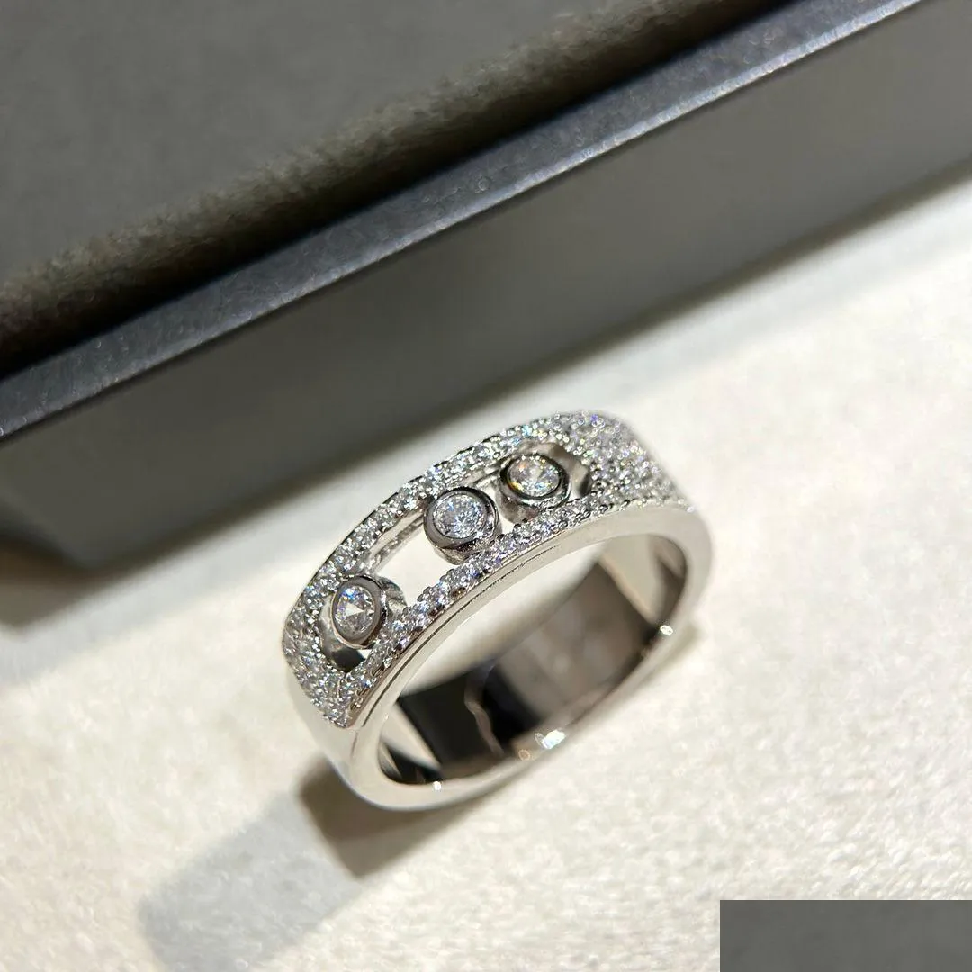 Bandringen Luxe S925 Sterling Sier Three Rovable Zirkon Hollow Charm FL Crystal Wide Ring For Women Sieraden Party Gift Druppel levering Dhnbf