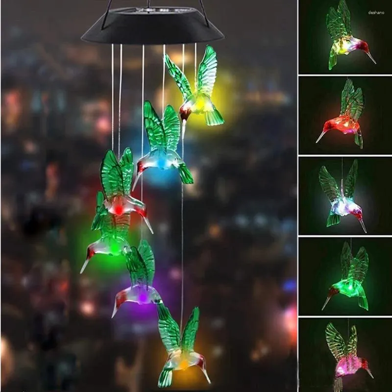 Dekorativa figurer ledde färgglada solenergi Vindklockan Vattentät 7 Färger Förändrande Windchime Hummingbird Farterfly Light for Garden