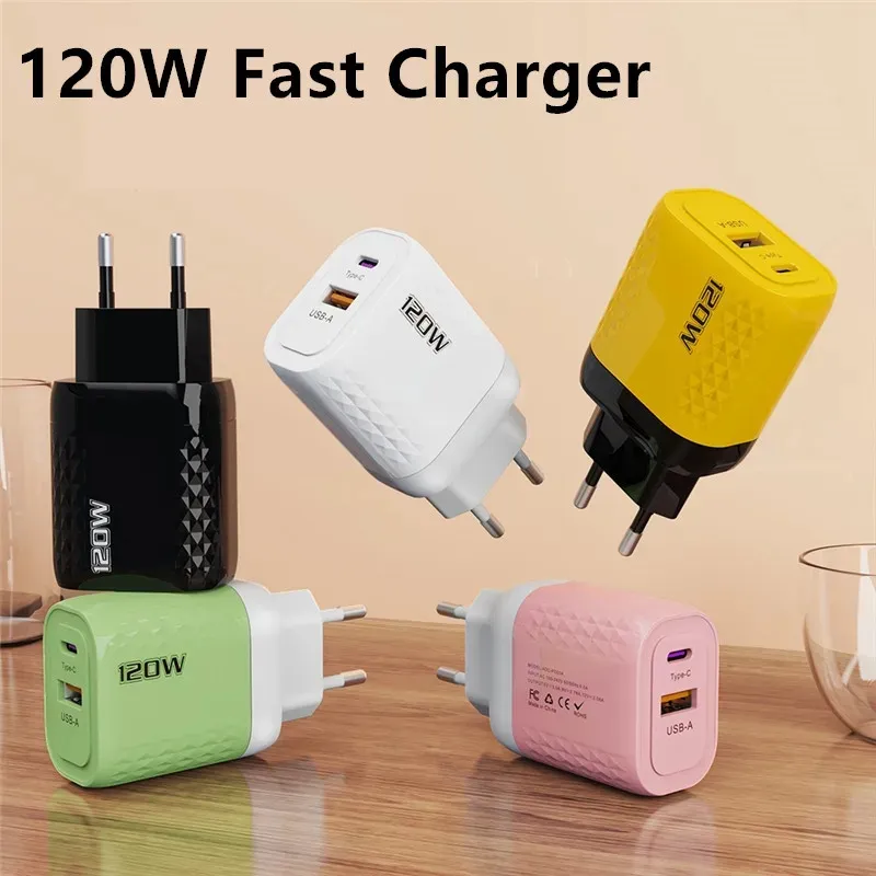 120W USB C PD EU UK UK Plug de carregamento rápido Adaptador de parede Tipo C para iPhone Xiaomi Samsung Huawei CARREGADOR RÁPIDO