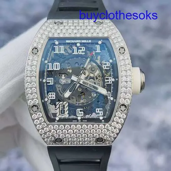 Lastest RM Wrist Watch RM010 Automatisk mekanisk klocka RM010 AG WG Original Shell Outer Ring Bakre diamantsida Full Diamond 18k