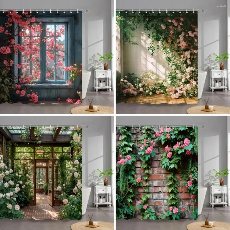 Shower Curtains Outdoor Garden Poster Curtain Vintage Window Wall Growing Floral Plants Polyester Fabric Bathroom Decor