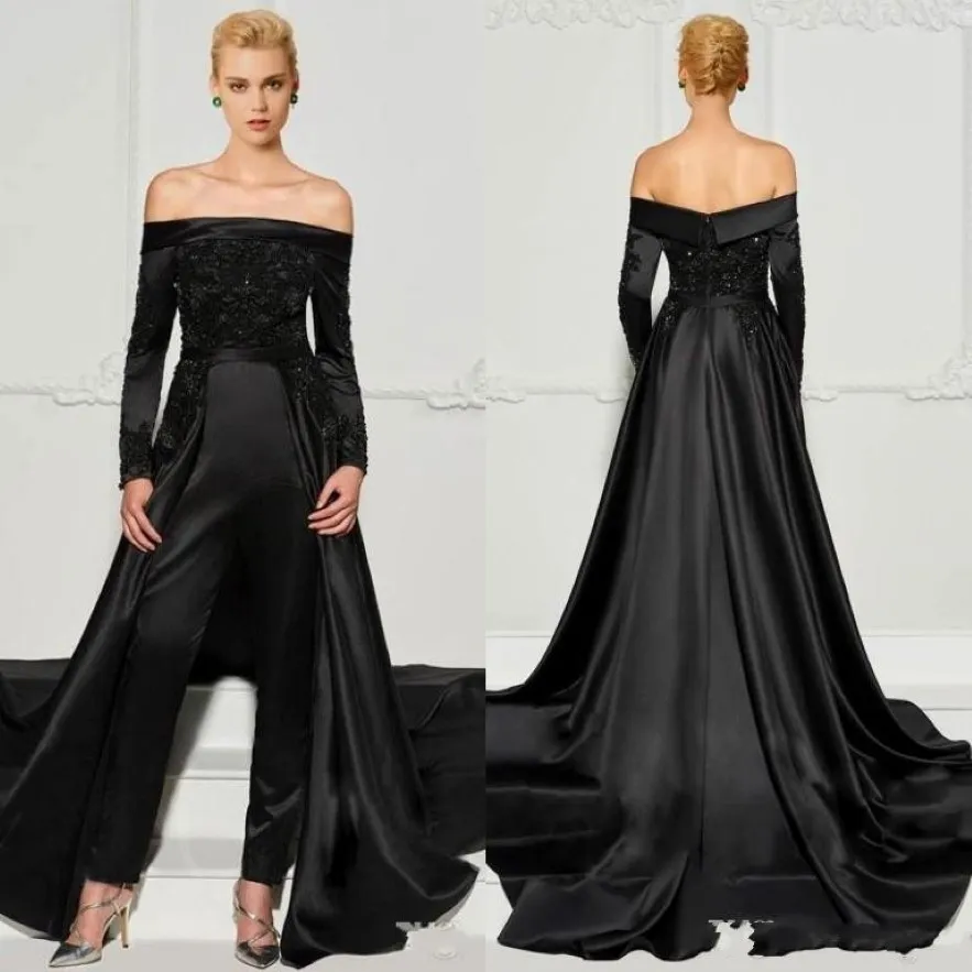 2022 Black Lace Jumpsuits Suknie wieczorowe z odejmowanym pociągiem z barku z koralikami formalne suknie z długim rękawem cekinowa sukienka na studniówkę B 270W