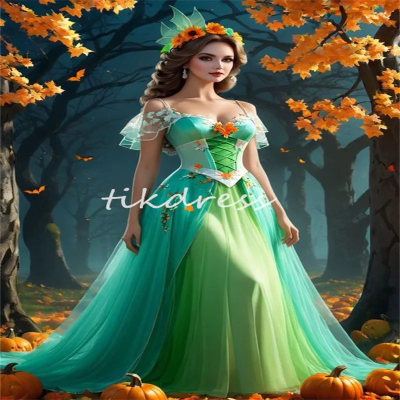 Cinderalle Green Elf Prom Dress Spaghetti Straps 3D Florals Elvish  Renaissance Evening Gown