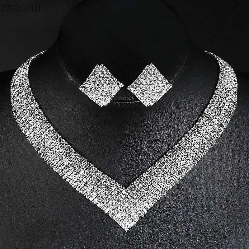 Earrings Necklace Luxury Crystal Bride Wedding Jewelry Set African Beads Silver Water Diamond Womens Necklace Set Engagement Party Gifts XW