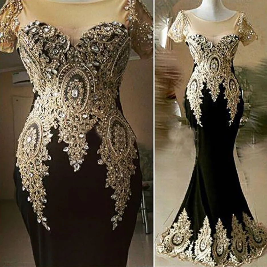 Élégant Dubai Black Long Sirène Robes de soirée Crystals Perles appliqués en or dentelle à manches courtes courte du sol