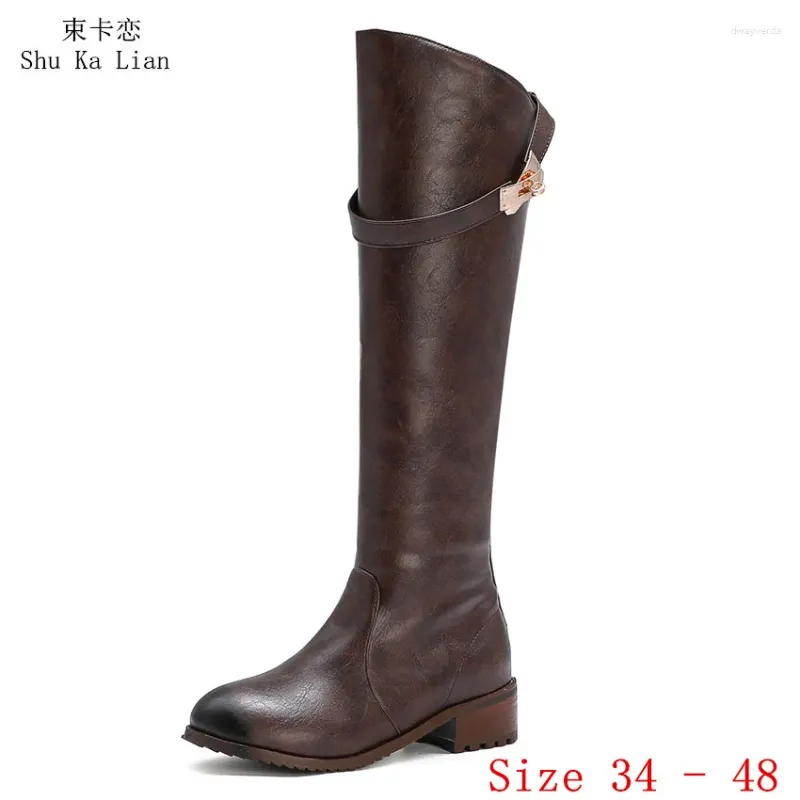 Boots printemps automne femmes genoue hautes seins basse talon chaussures femme cuisse longue plus taille 34 - 48