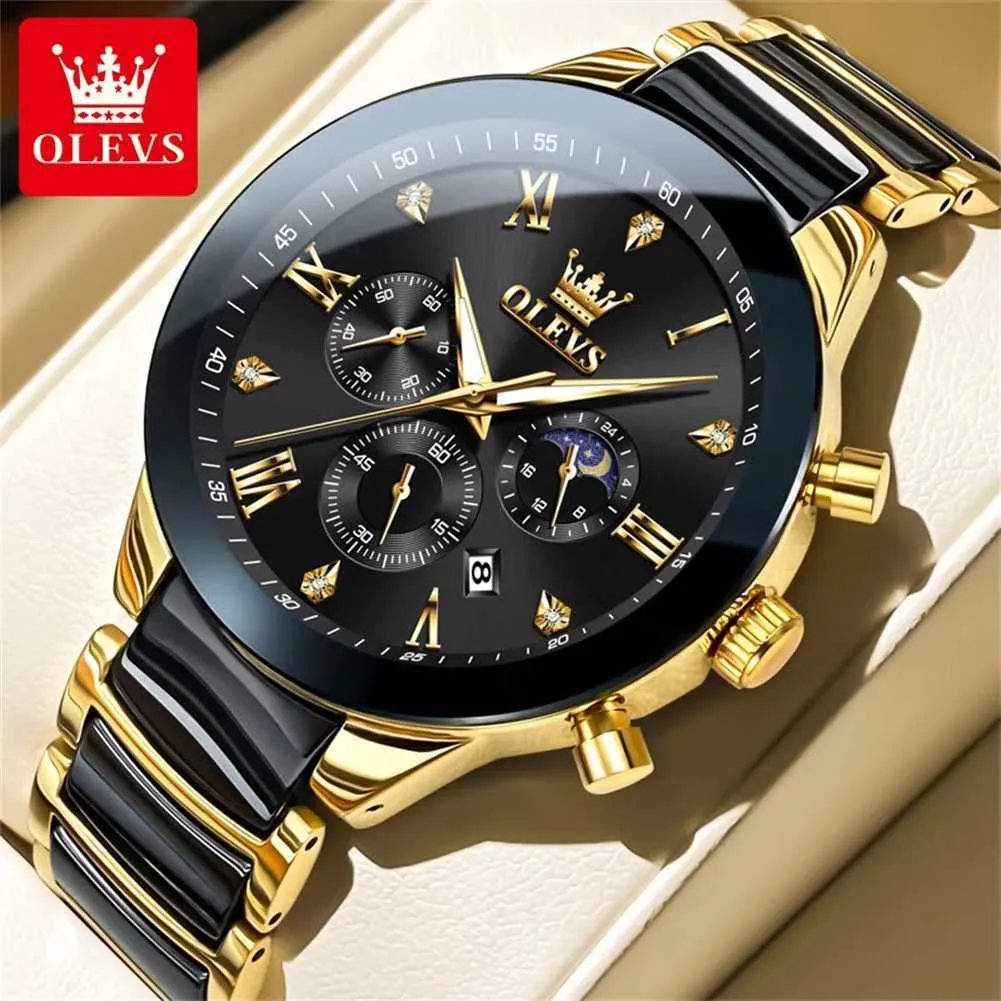 Wristwatches OLEVS Top Brand Trend Quartz Wrist Men Fashion Ceramic Casual Mens es Original Moon Phase Business es for Men Y240510