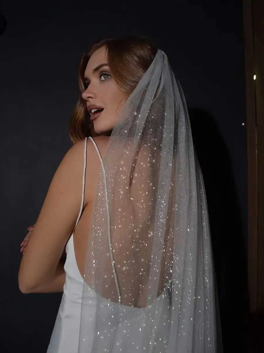 Schmuck 2 m lang Glitzer Hochzeitsschleier funkelnd einstufig mit Kamm Brautschleier Frauen Kopfbedeckung Braut Haarschmuck_voghion.com