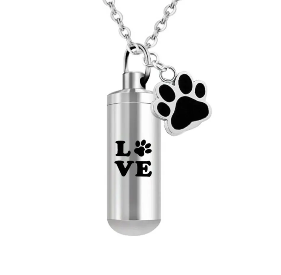 Ashes for Love Pet Paws Print rostfritt stål Keepsaken Pendant Cylinder Ashes Cremation Urn Jewelry Necklace1802936