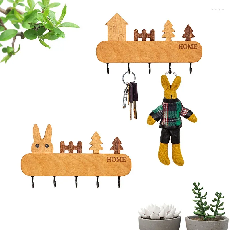 Hooks Entry Way Wall Mounted Wooden Key Holder Cartoon Kids Room Home Decorate With 5 Hanger Mount Hat Bag Coat Rack