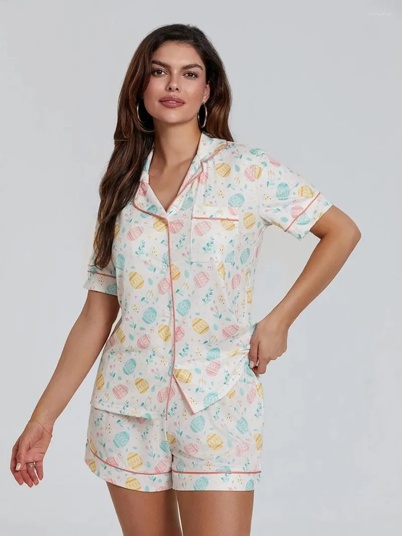 Women's Shorts Women S Easter Loungewear Set Cartoon Egg Print Short Sleeve Lapel Button T-Shirt With Elastic Waist
