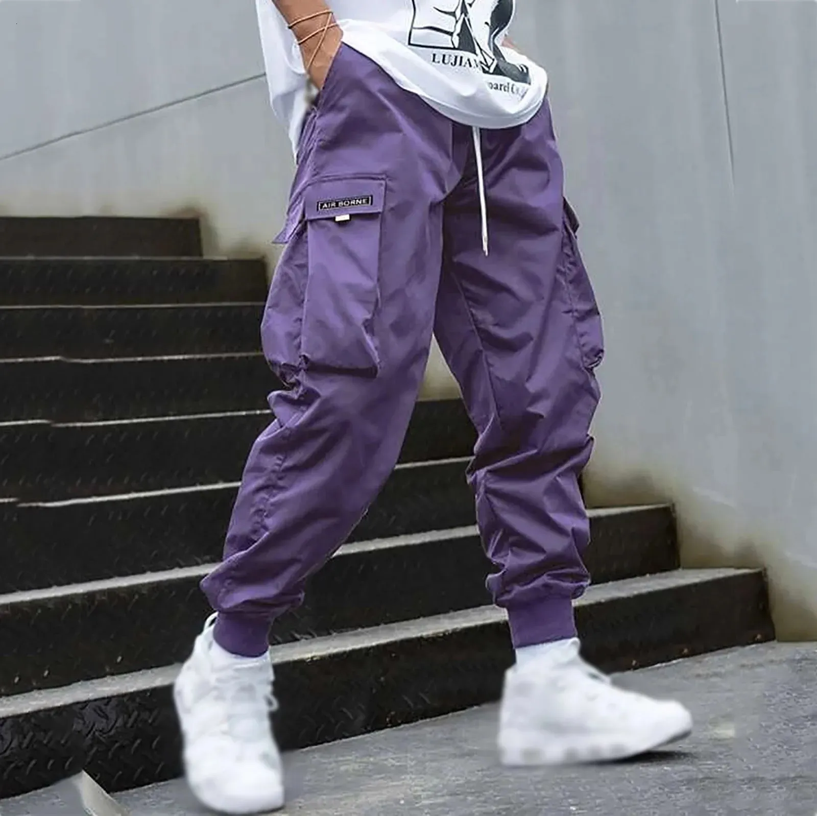 Fashion Men Cargo Pants Mens Trousers Hip Hop Joggers Pockets Purple Men Streetwear Sweatpants Korean Ankle-Length Pants 240514