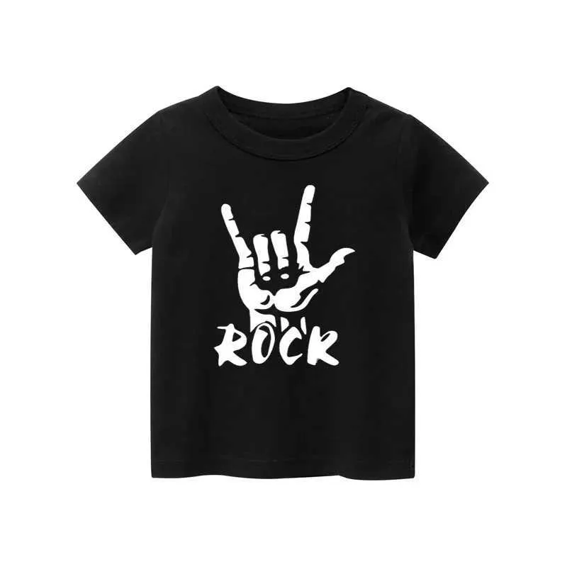 Tシャツ2024新しいファッションキッズTシャツ男の子ブラックホワイトグレーの子供服服ロックプリントボーイTシャツ女の子トップT240513