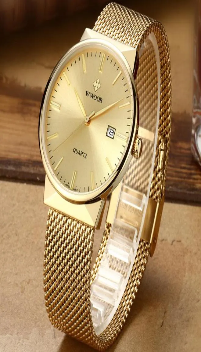 WWOOR MEN HOMEM SUMPLOS SLIM RESPOSTA LUZULO Brand Gold Steel Mesh Ultra Thin Date Impermead Wrist Watch Golden Clock With Box Pack 220326724061